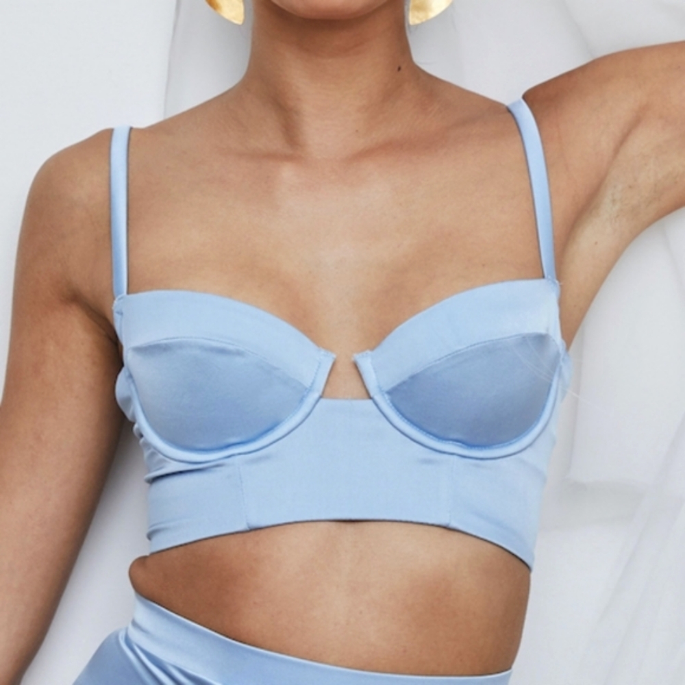 Studio Pia Petra Longline Bra in Baby Blue Silk, Size 3 (30DD, 32D, 34C)